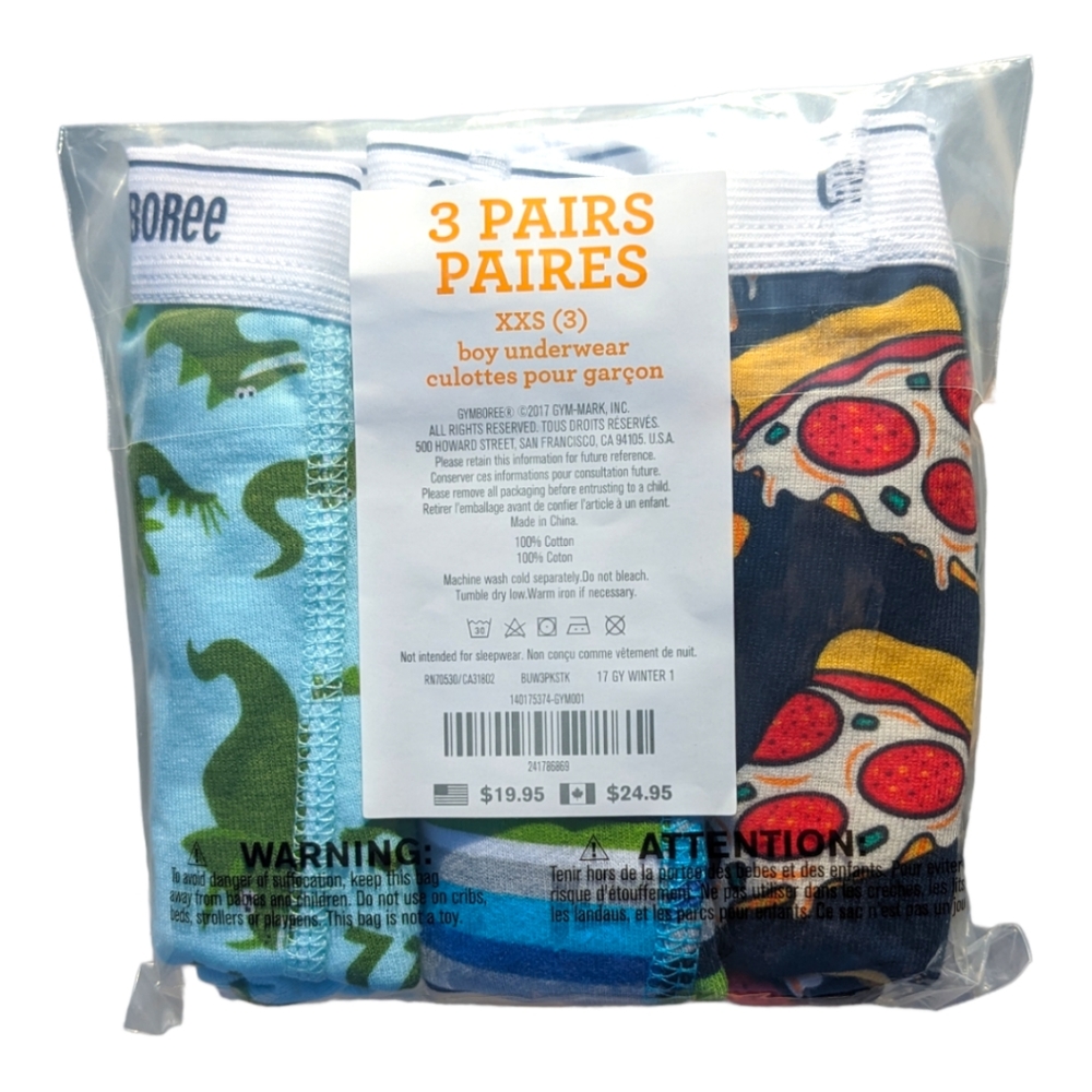 Gymboree Boys XXS 3 Pizza/Striped/Dinosaur (3) Underwear